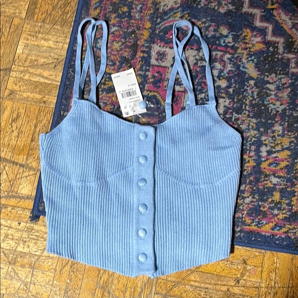 Blue Ribbed Button-Front Women's Top - Picture 2 of 7